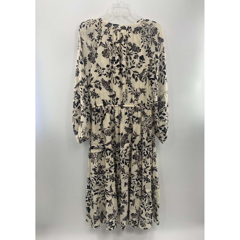 Anne Klein Dress 14 NWT Tiered Midi Maxi Cream Black Floral Bird Print Boho LS - Picture 12 of 16